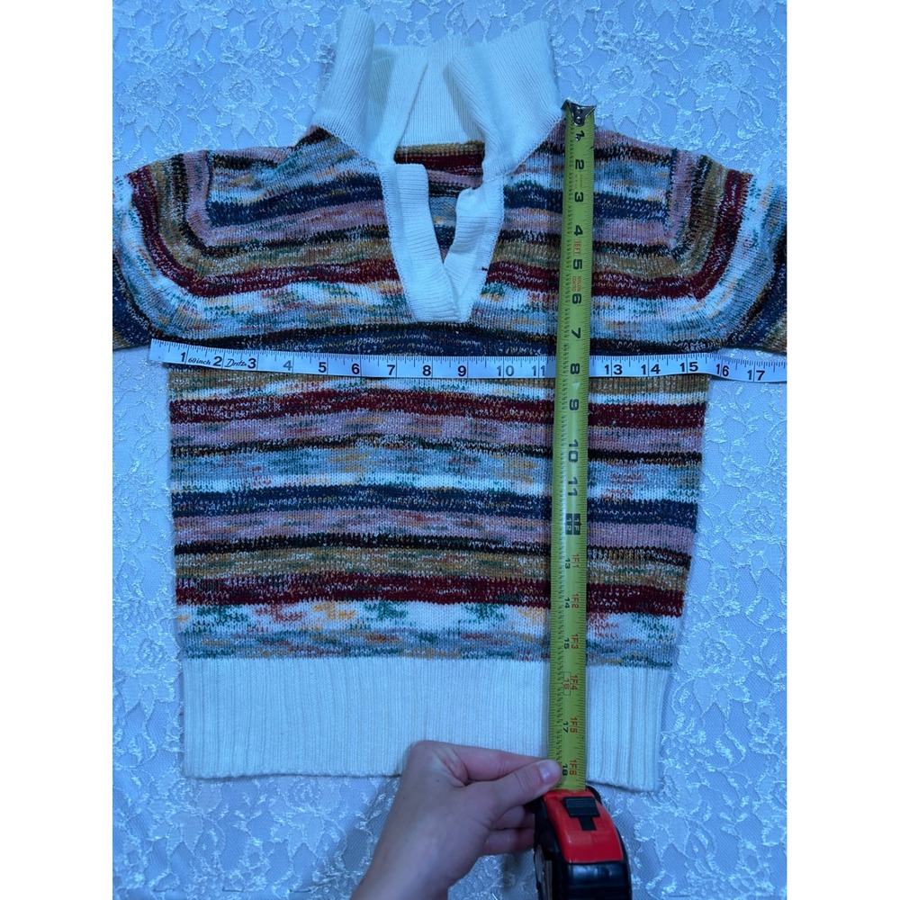 Vintage 70s Striped Polo Sweater Knit V-Neck S Boho Retro Fall Eclectic Boho - Picture 6 of 6